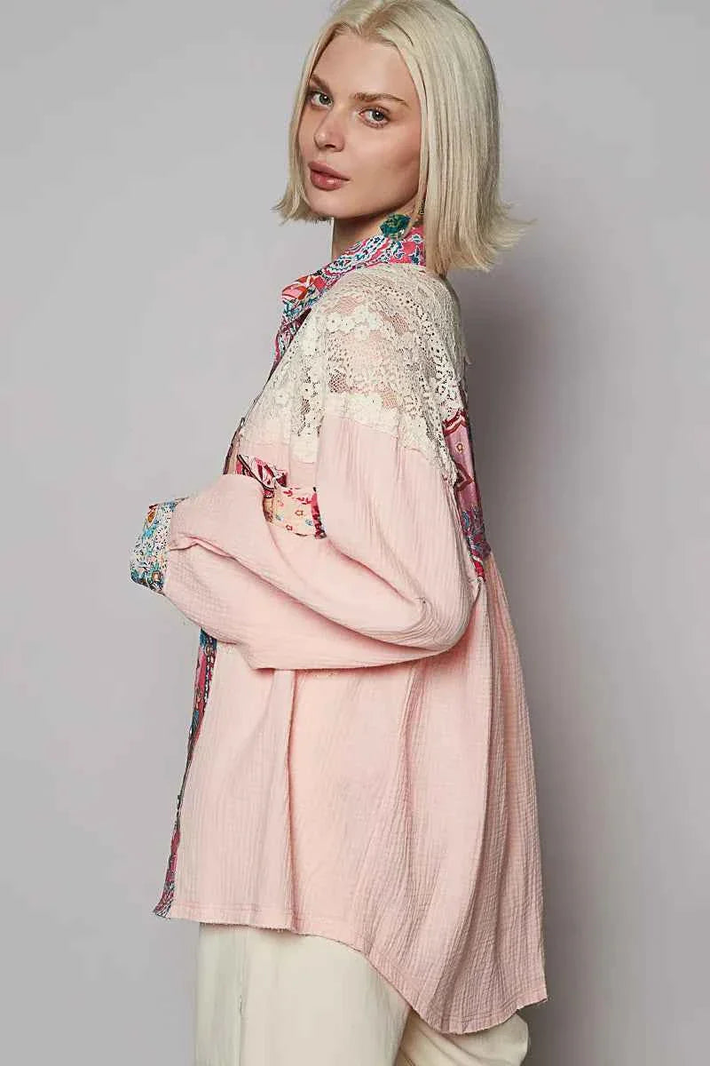 Bohemian Lace Patchwork Floral Long Sleeve Blouse.