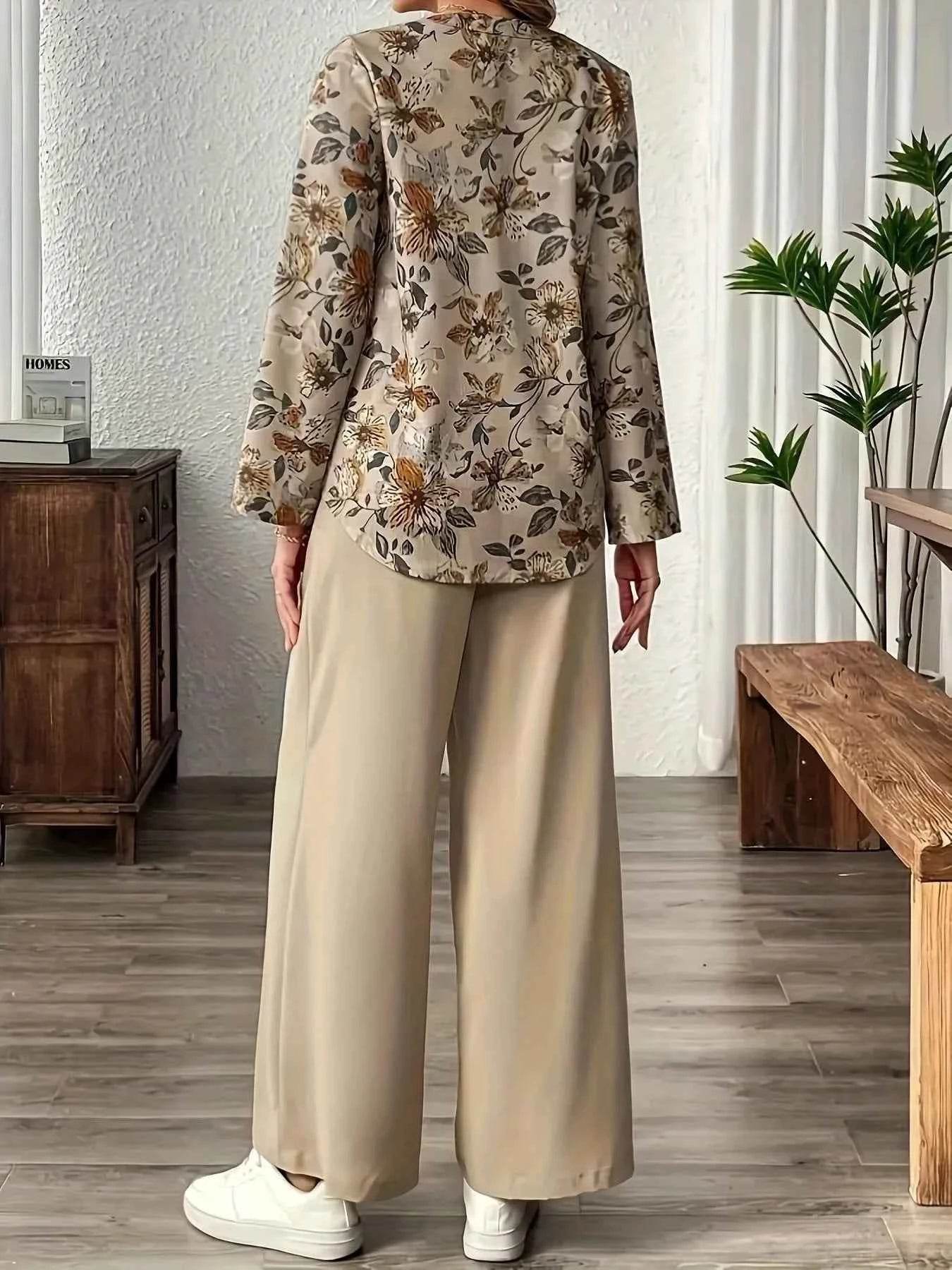 Printed Notched Long Sleeve Top and Pants Set - EBYNN
