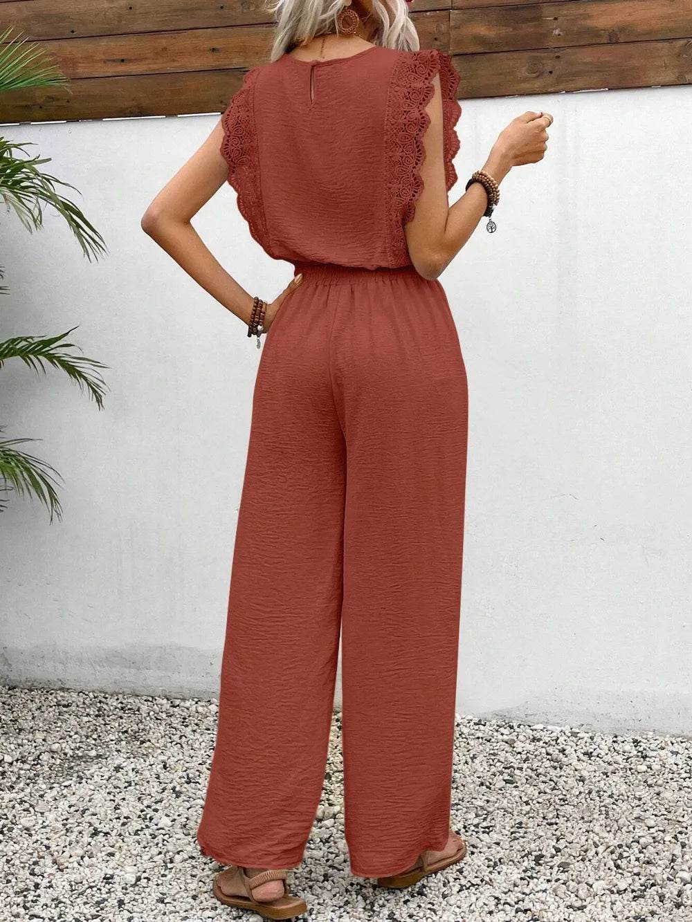 Lace Trim Round Neck Top and Pants Set - EBYNN