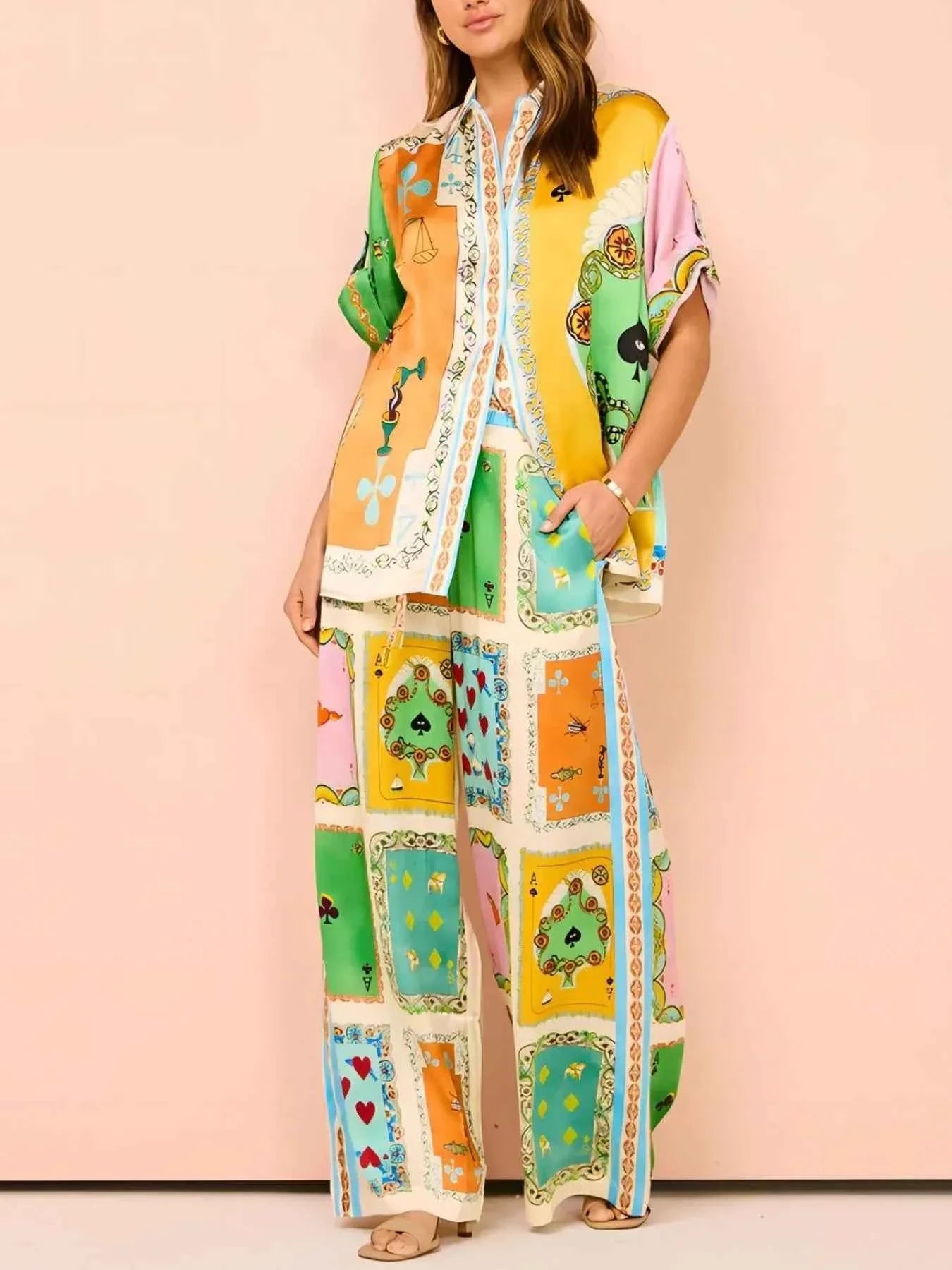 Printed Button Down Shirt and Pants Set.