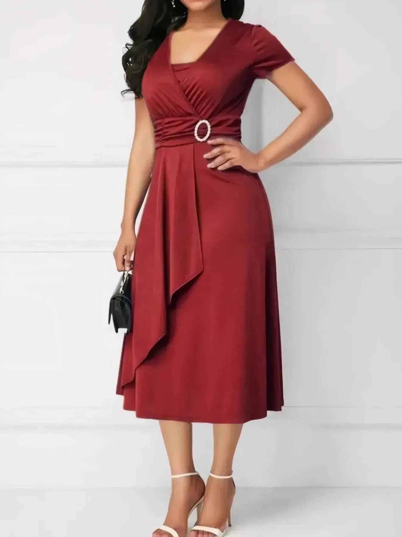 Women's Short Sleeve Midi Wrap Dress with Belt.