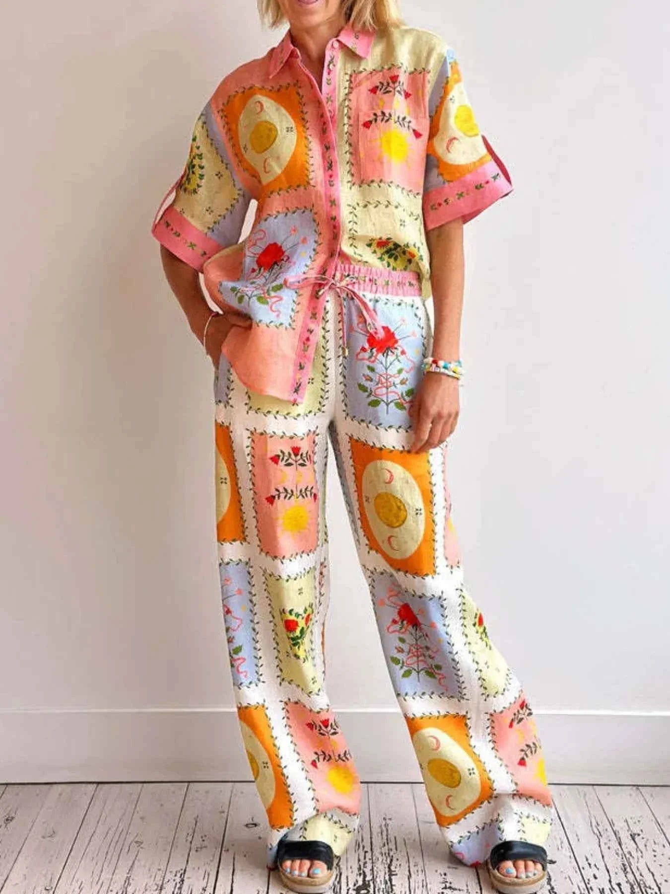 Printed Button Up Shirt and Pants Set.