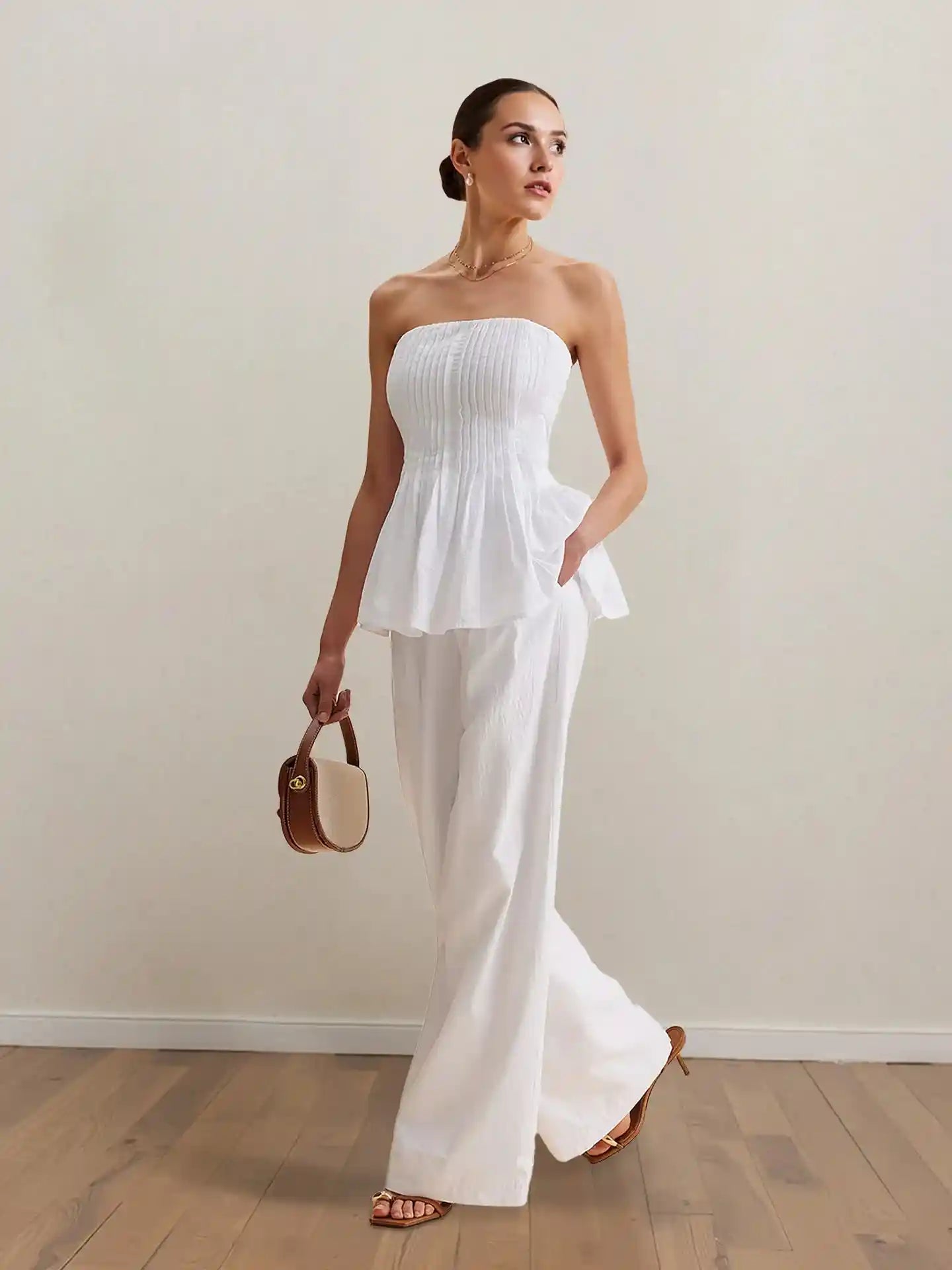 Strapless Peplum Top and Wide Leg Pants Set.
