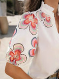 Floral Print Notched Puff Sleeve Blouse.