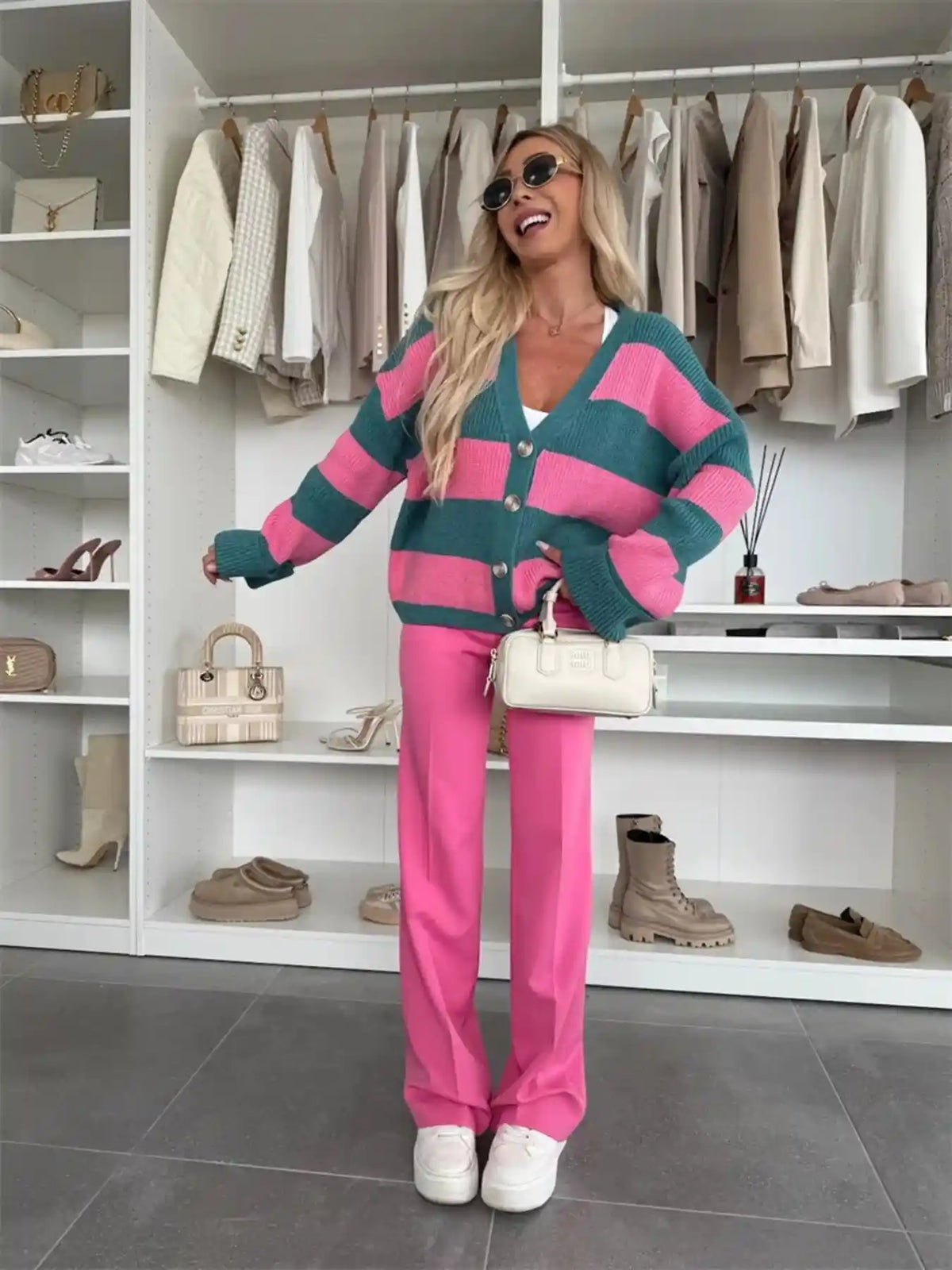 Color Block Striped V-Neck Button Front Cardigan.