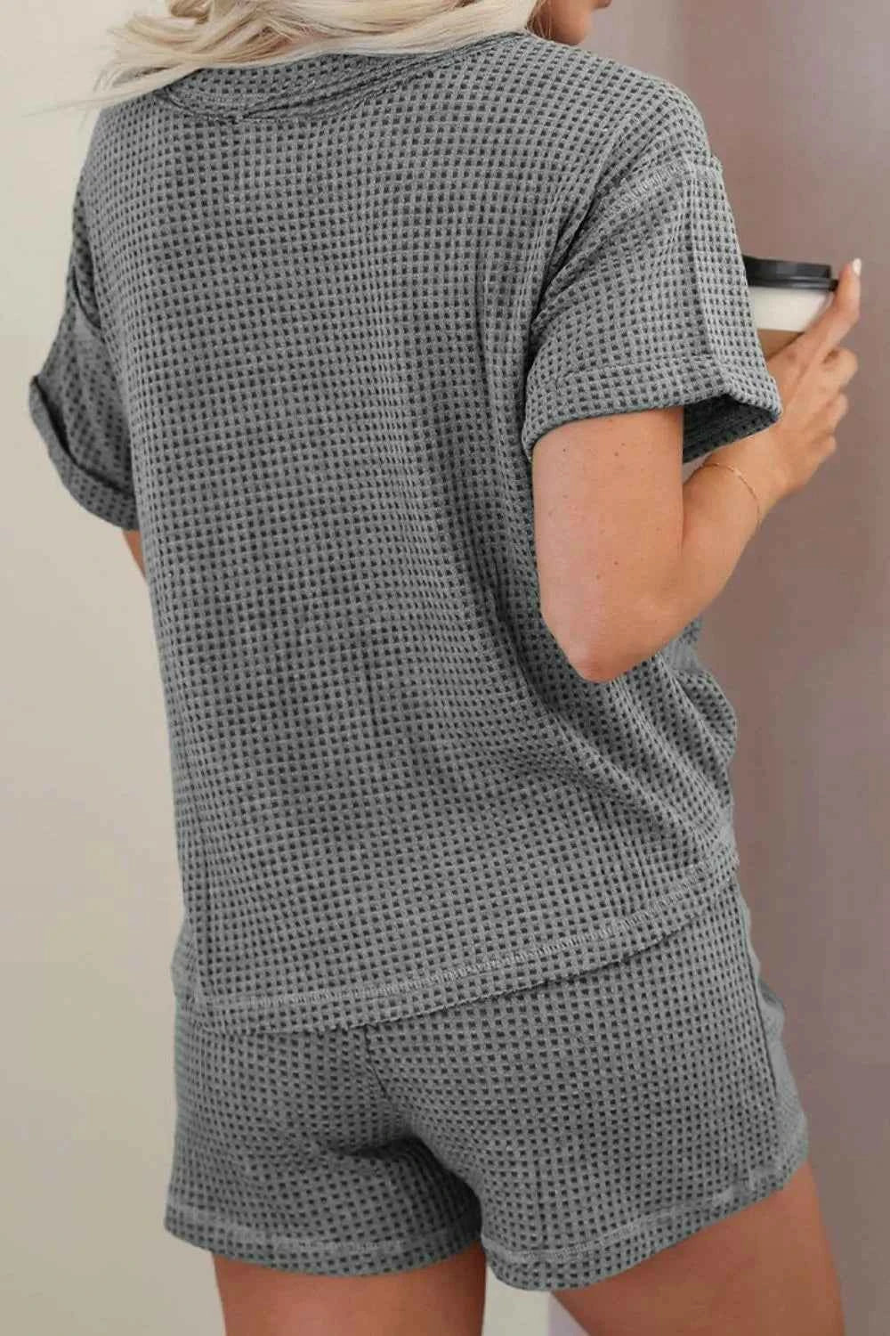 Waffle-Knit Short Sleeve Top and Shorts Lounge Set.