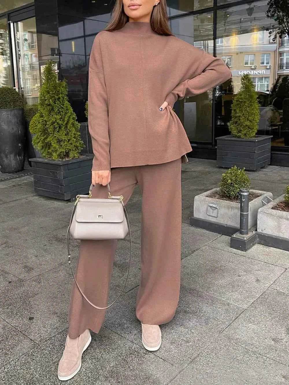 Slit Mock Neck Top and Pants Sweater Set - EBYNN