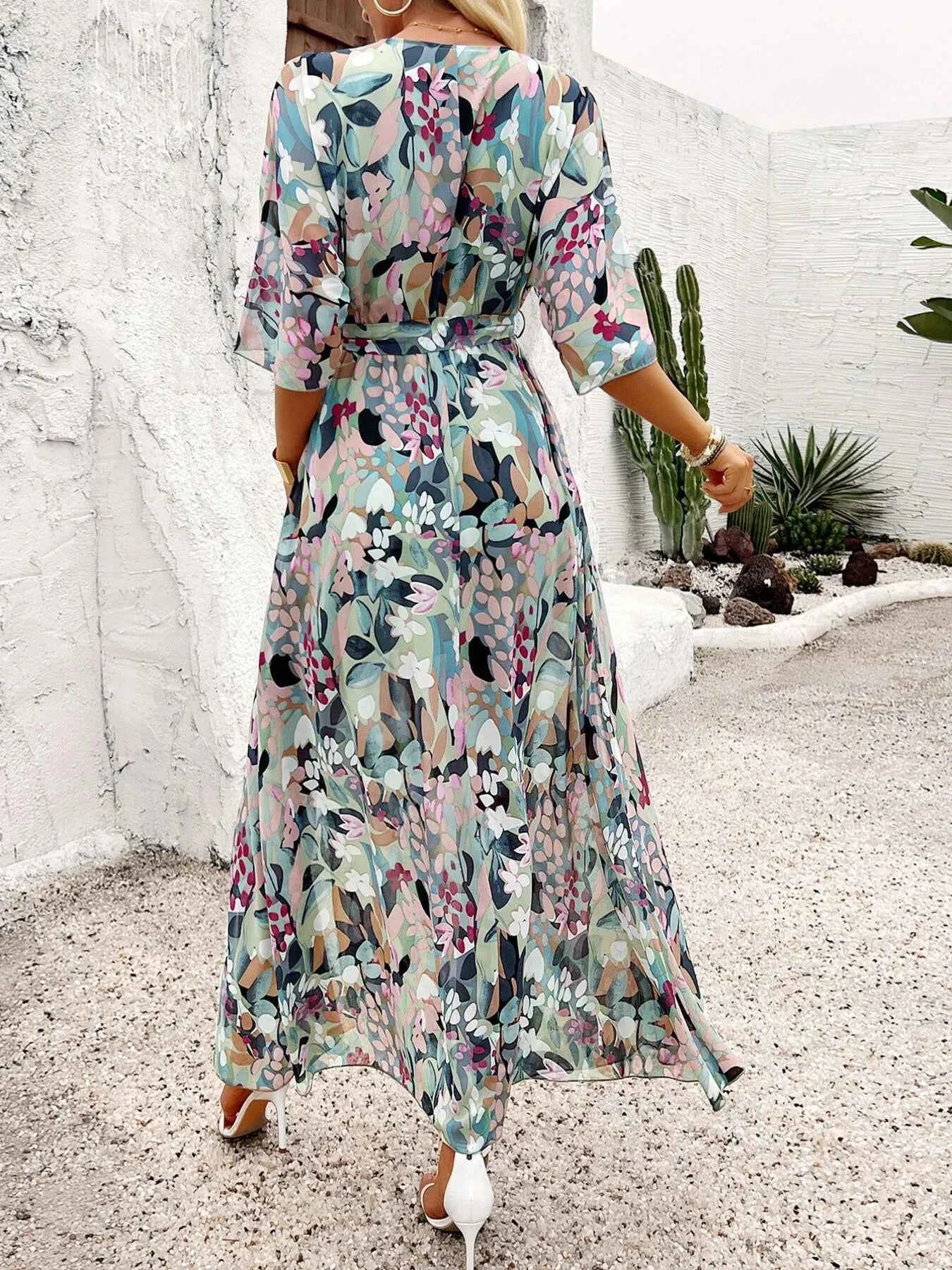 Slit Printed Surplice Maxi Dress with Half Sleeves.