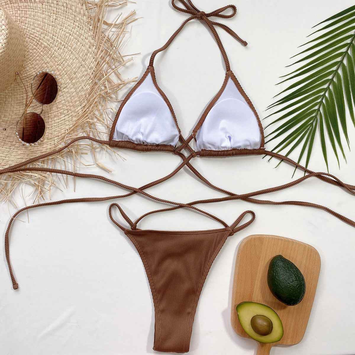 Halter Neck Crisscross Ribbed Bikini Set.