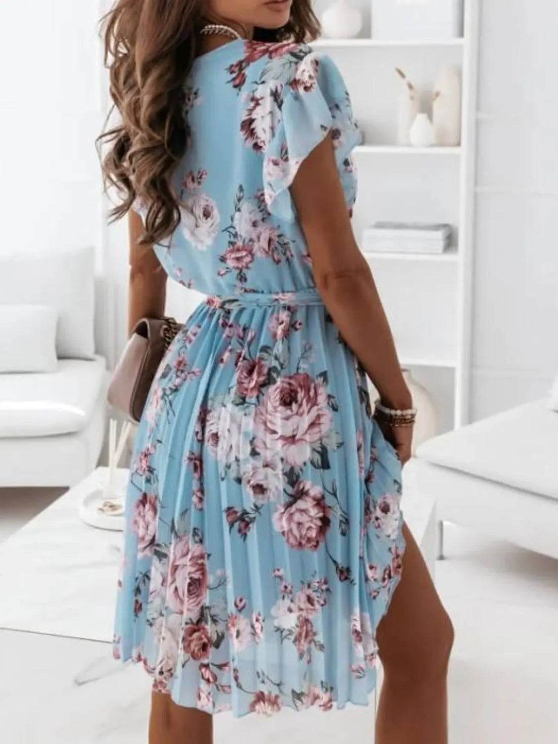 Floral Surplice Ruffled Cap Sleeve Dress.