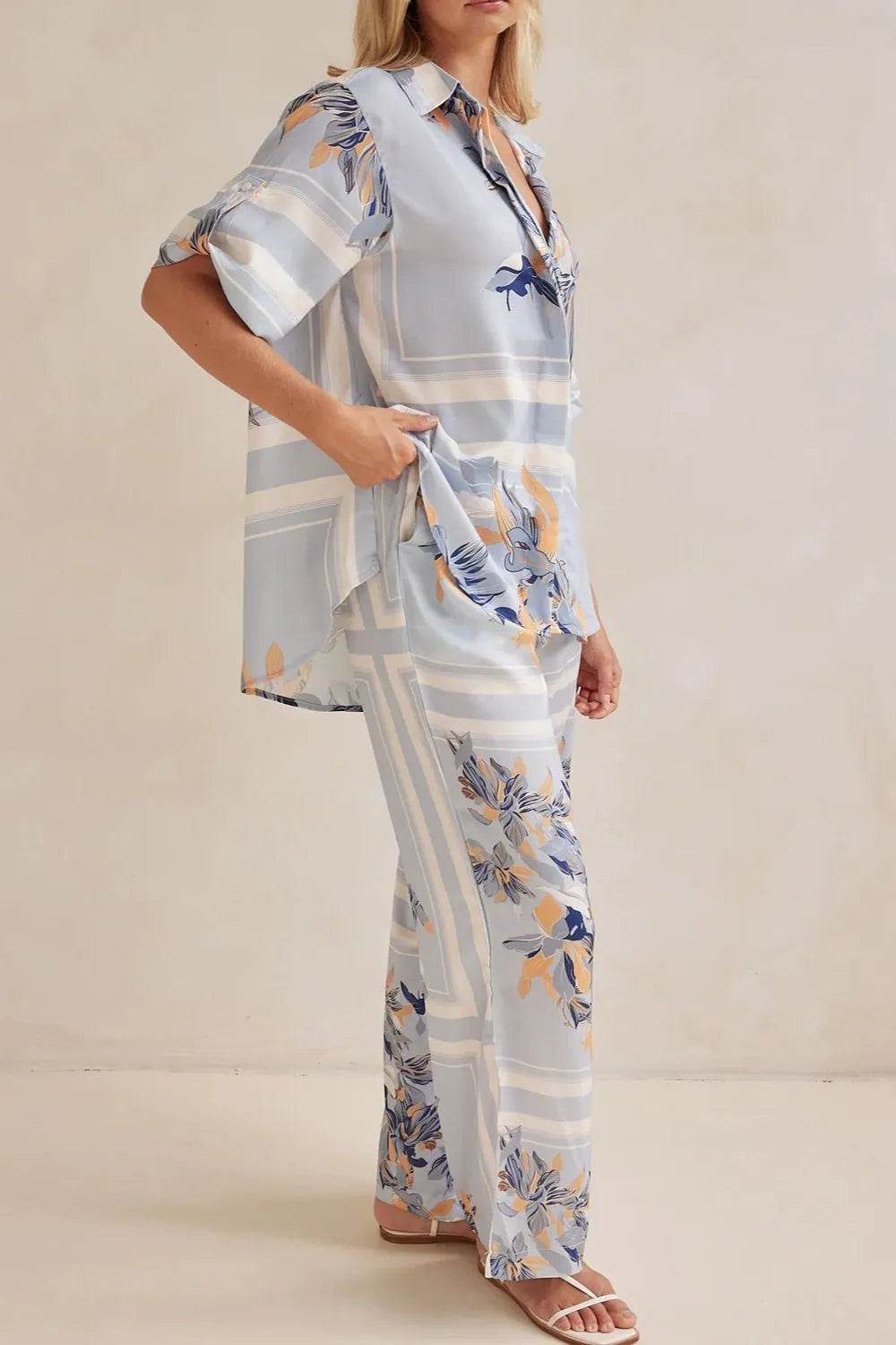Printed Button Up Shirt and Pants Set - EBYNN