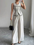 Contrast Piping Round Neck Top & Wide-Leg Pants Set - Stylish Contrast Piping Pants Set - EBYNN
