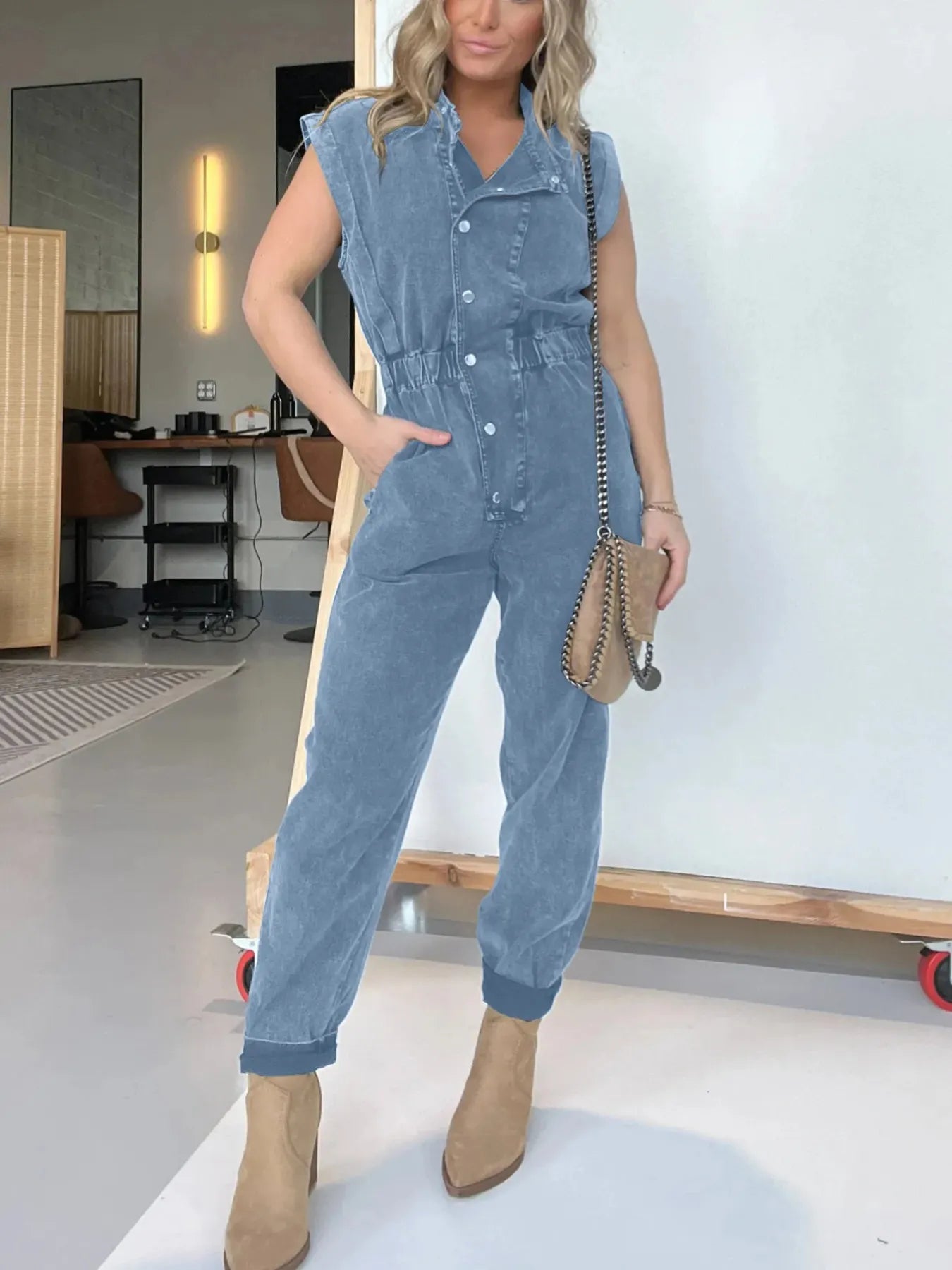 Plus Size Button Front Cap Sleeve Denim Jumpsuit.