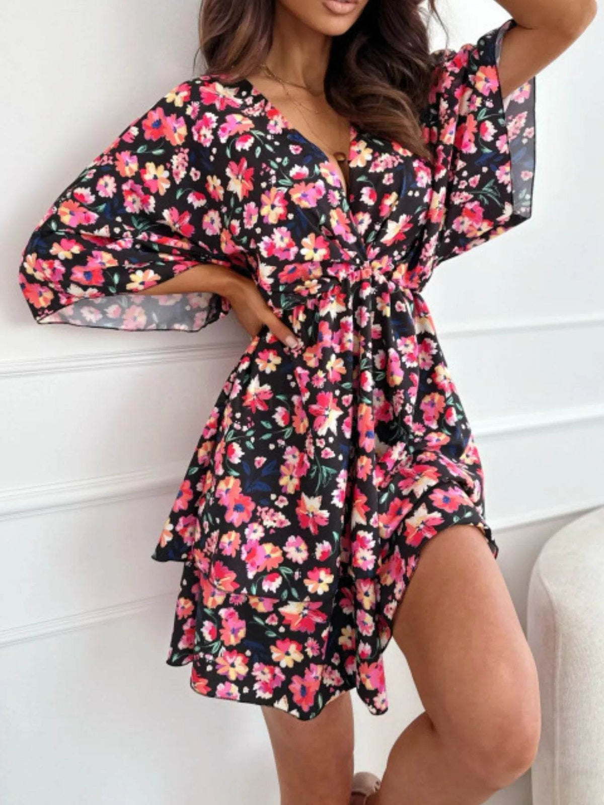 Floral Print V-Neck Ruffle Mini Dress.