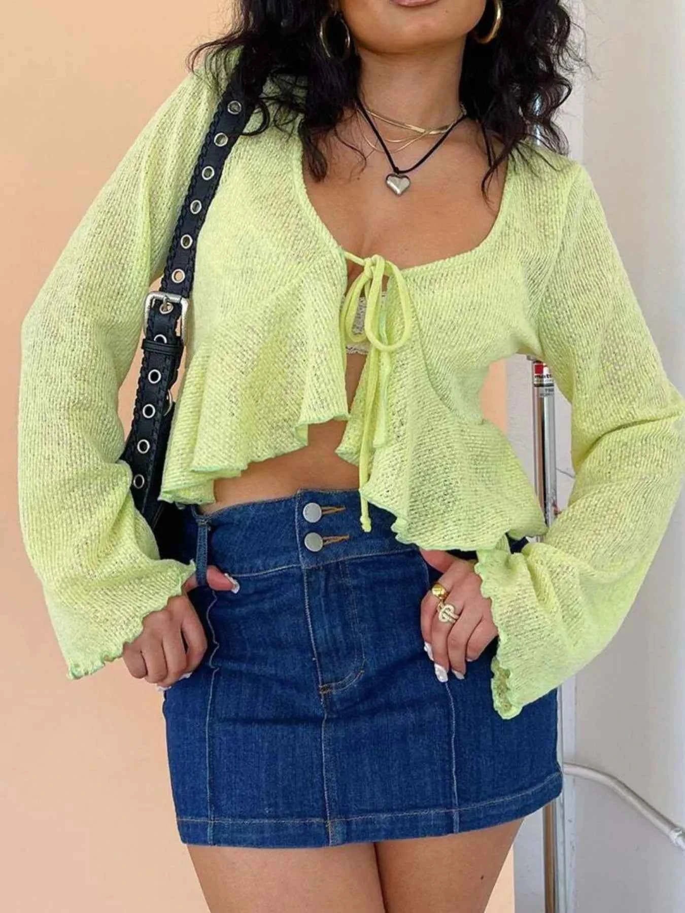 Ruffled Hem Tie-Front Cropped Cardigan.