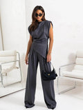 Slit Ruched Top and Wide Leg Pants Set - EBYNN