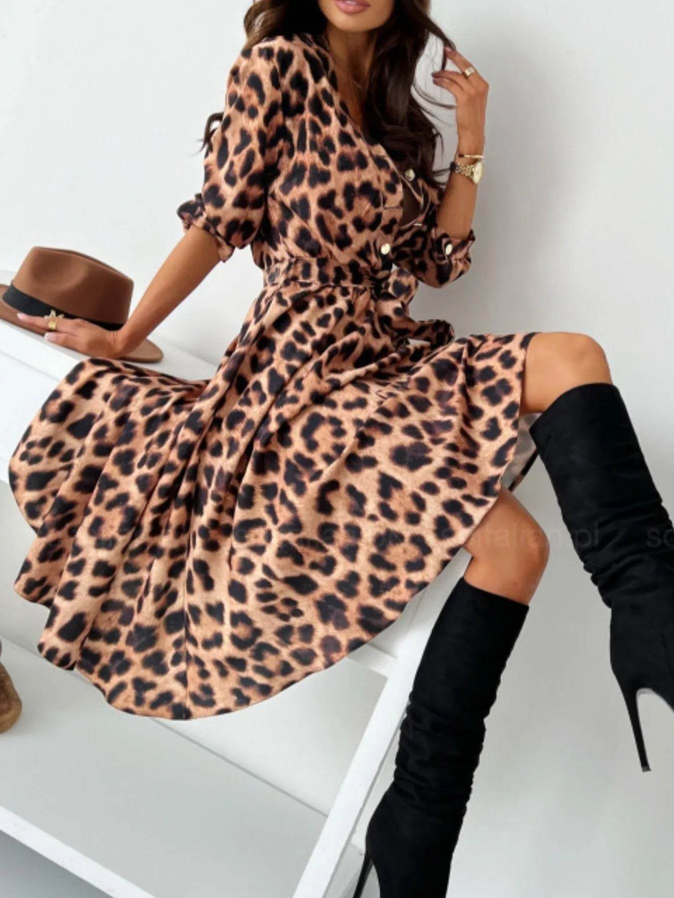 Printed Tie Waist Midi Dress - EBYNN