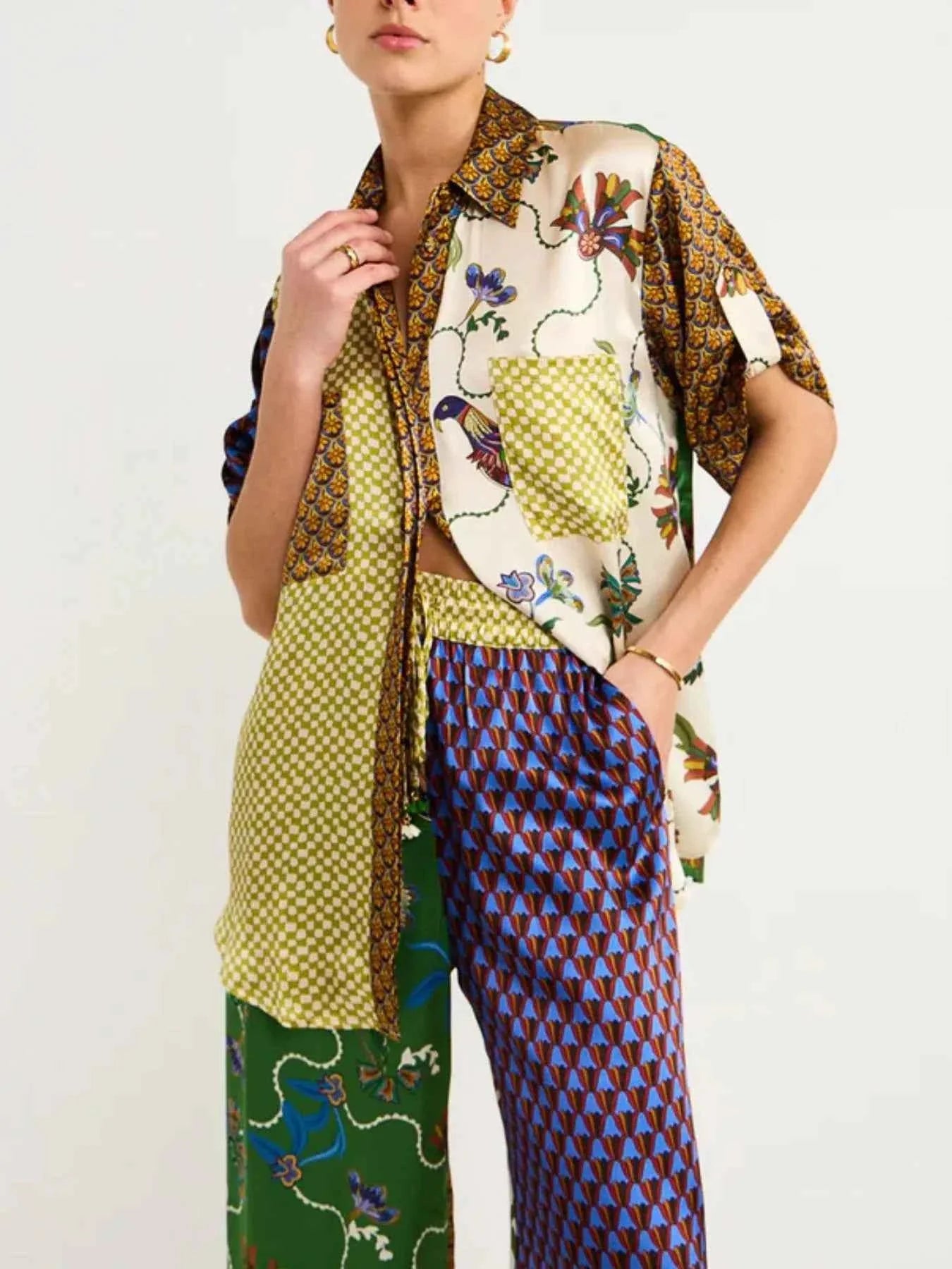 Printed Button Down Shirt and Pants Set.