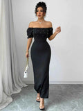 Off Shoulder Short Sleeve Maxi Dress.