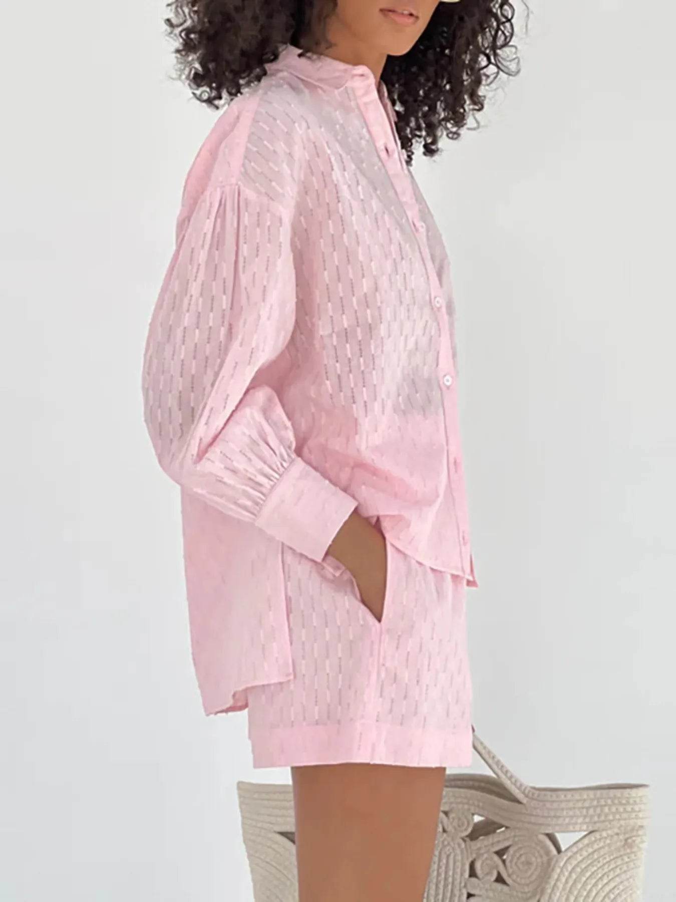 Textured Button-Up Shirt and Shorts Set - EBYNN