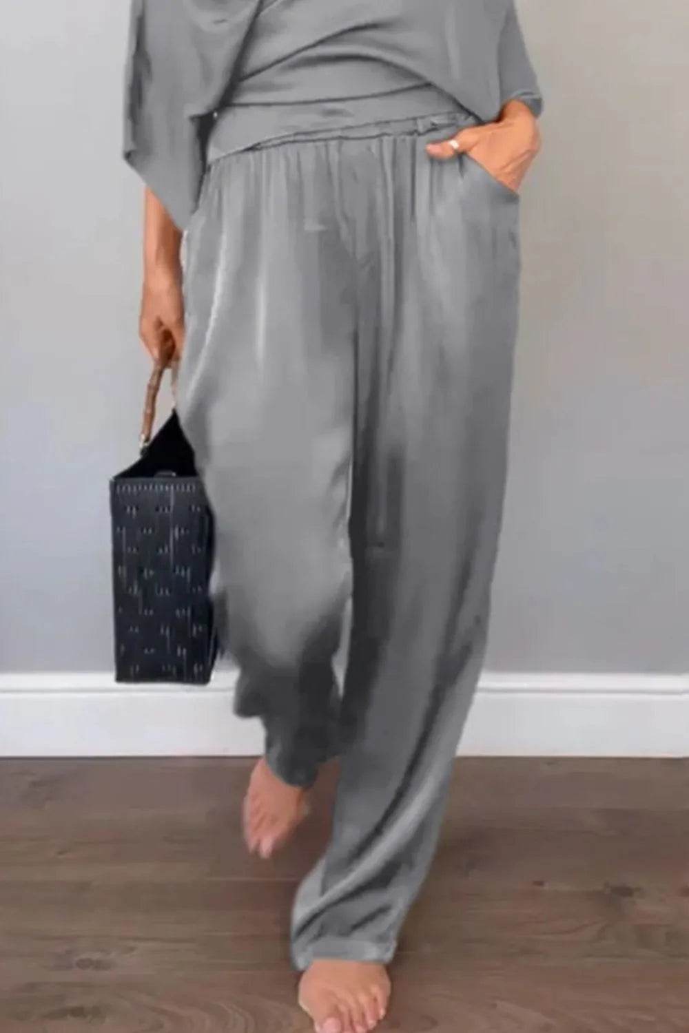 Plus Size Wrap Set - Stylish Surplice Top and Pants for Effortless Elegance - EBYNN