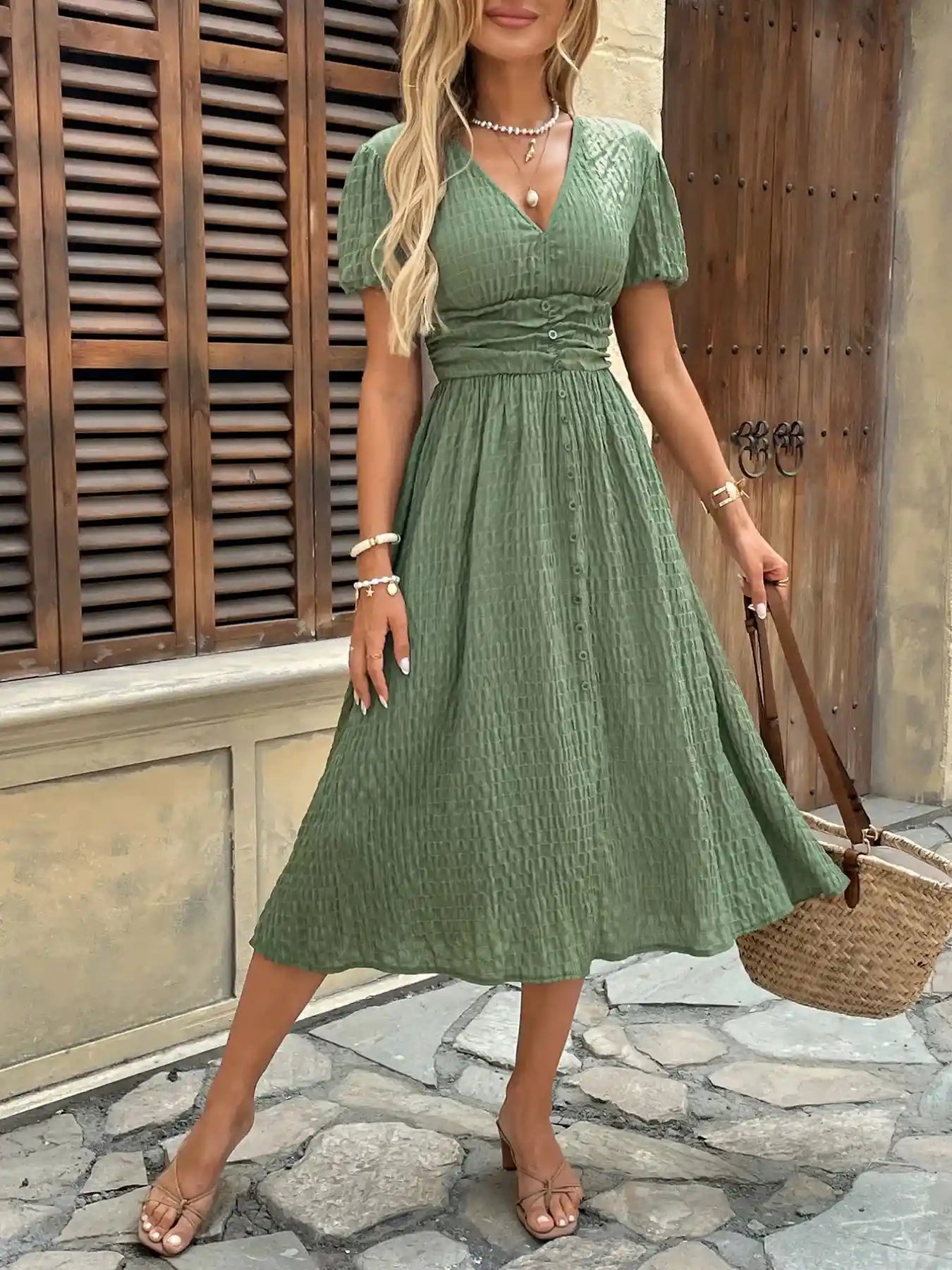 Textured V-Neck Short Sleeve Dress.