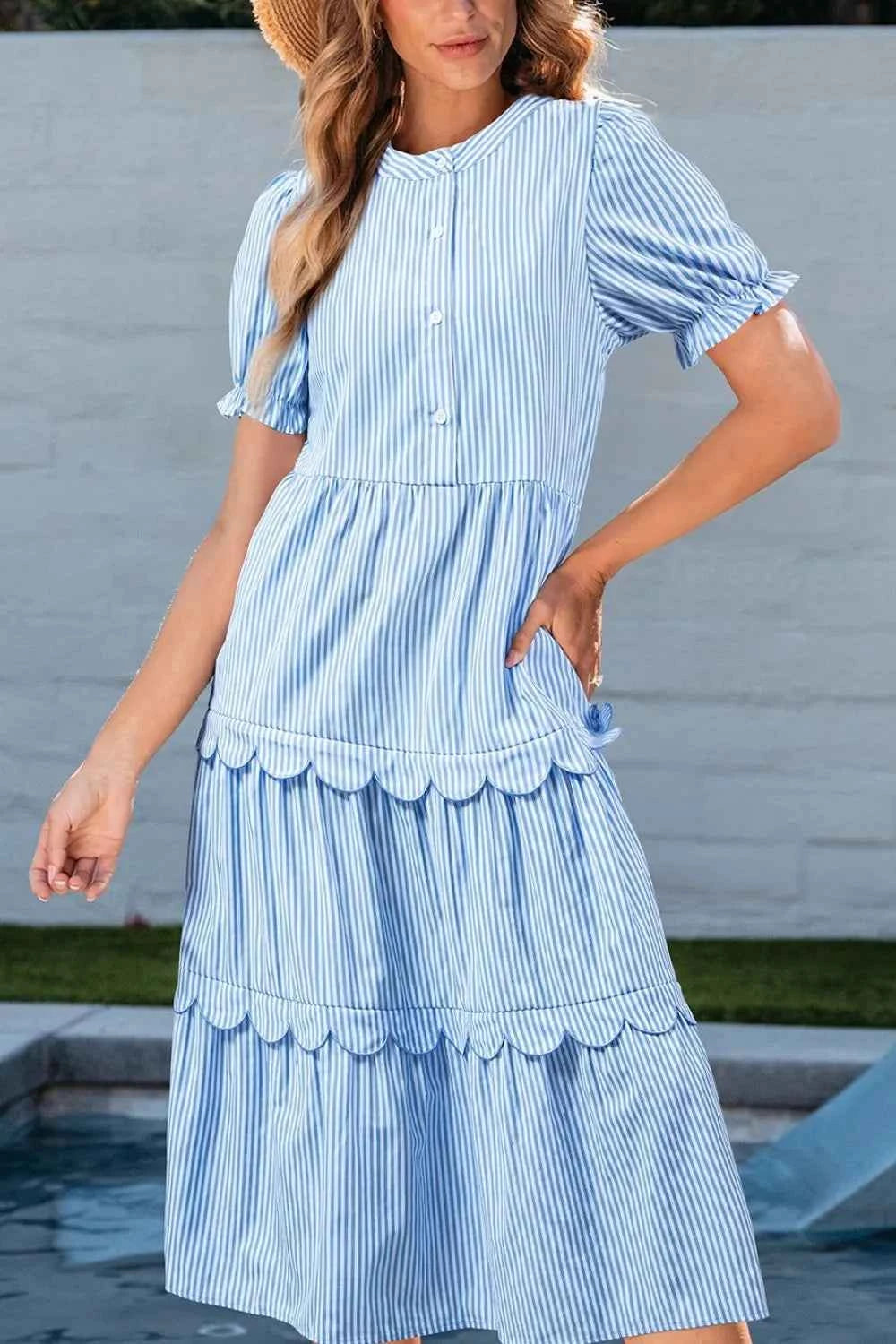 Stripe Bubble Short Sleeve Tiered Scallop Midi Dress.