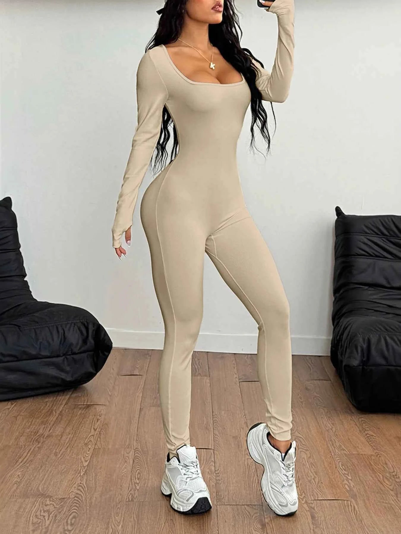 Square Neck Long Sleeve Active Jumpsuit.