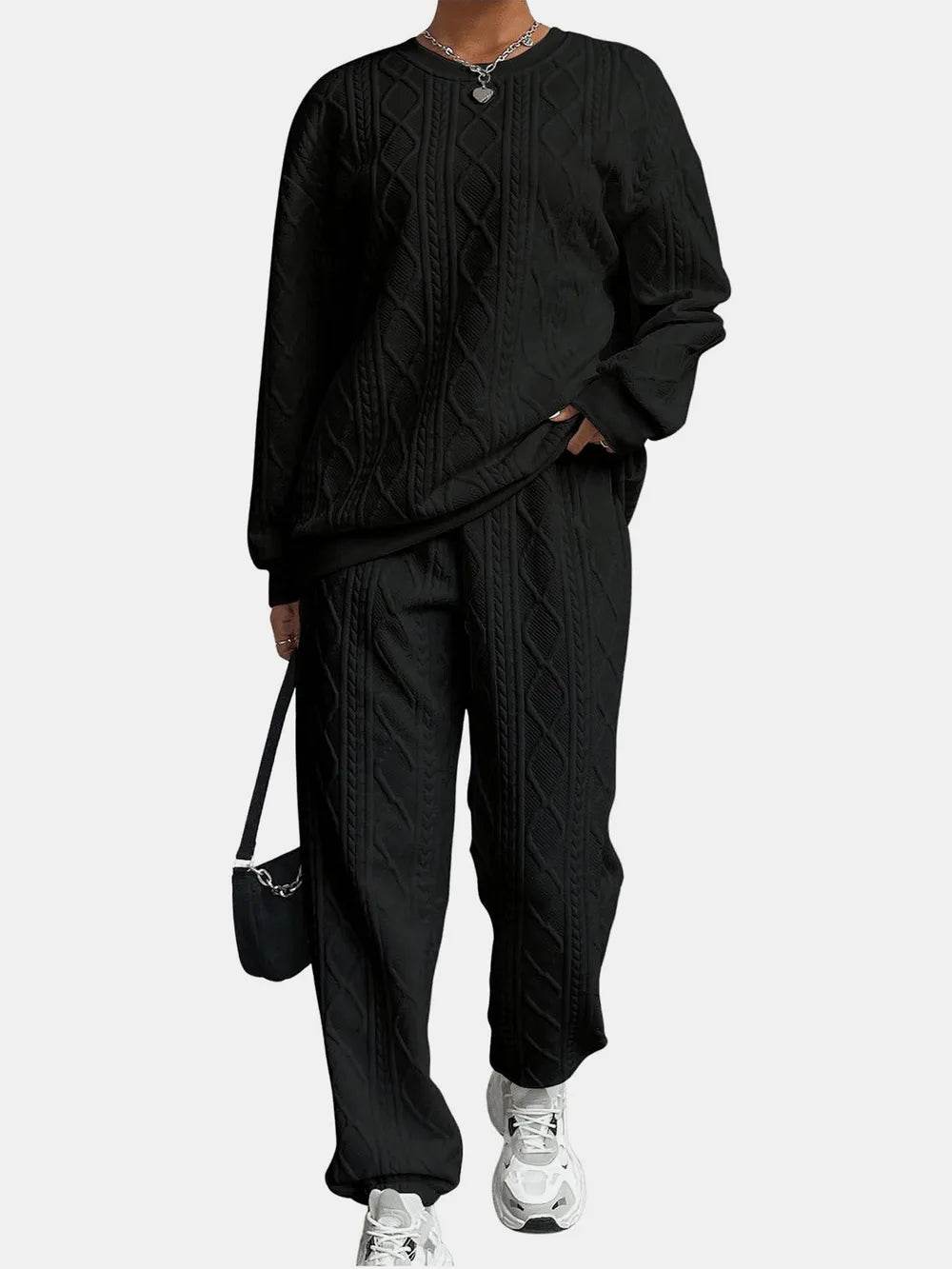 Texture Round Neck Top and Pants Set.