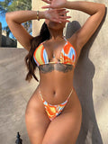 Multicolored Drawstring Ruched Three-Piece Swim Set.