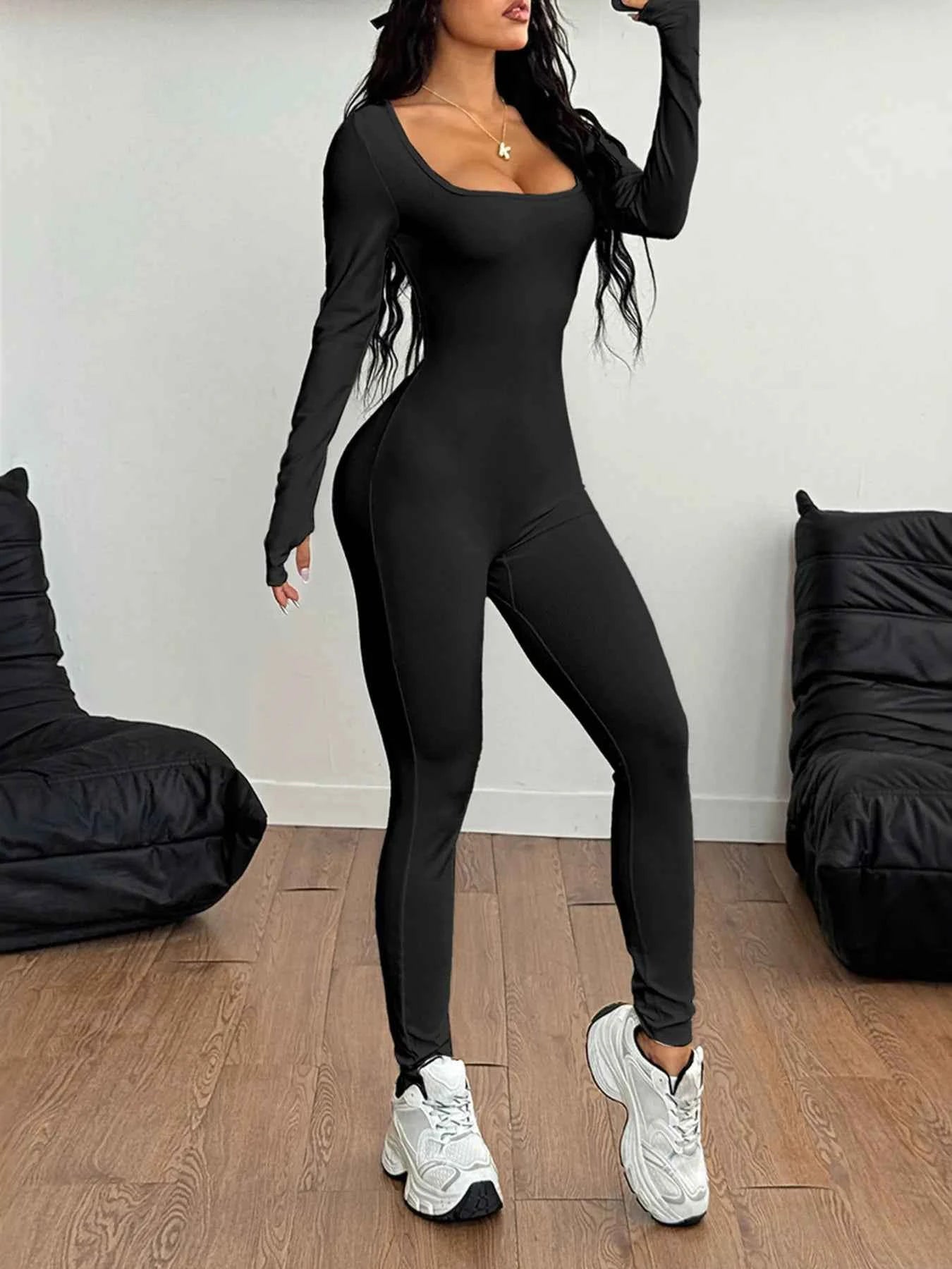 Square Neck Long Sleeve Active Jumpsuit.