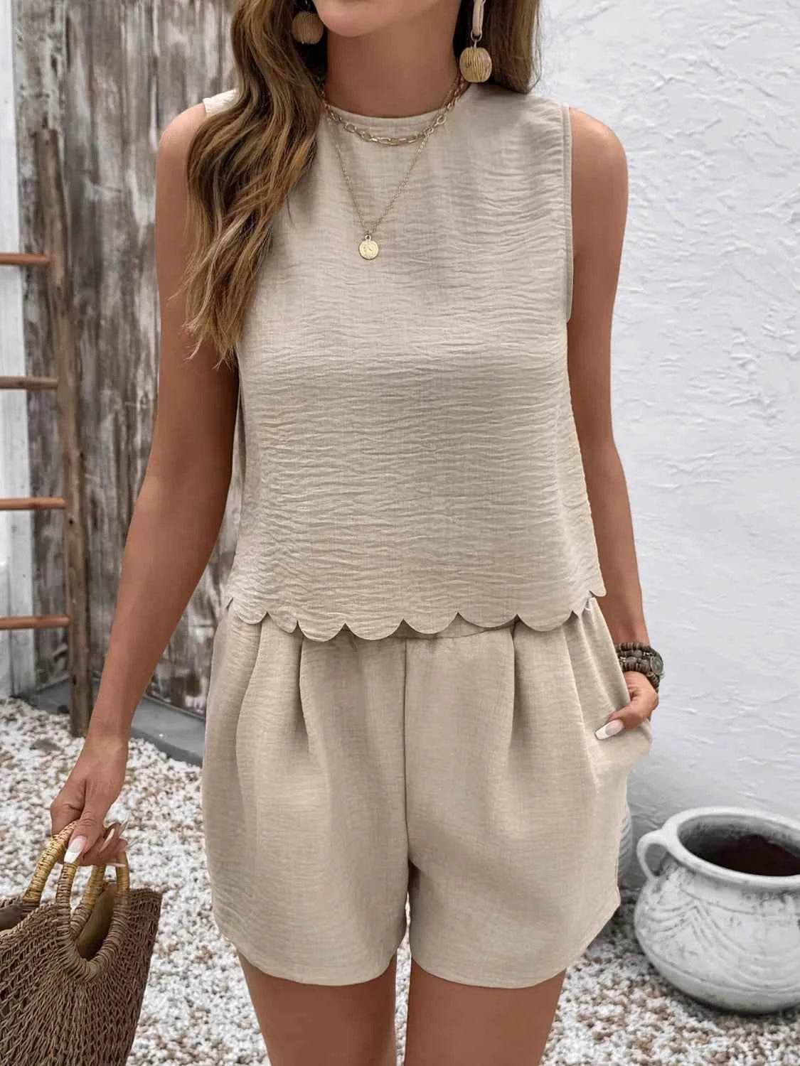 Round Neck Sleeveless Top and Shorts Set - EBYNN