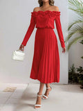 Off-Shoulder Ruffle Pleated Midi Dress.