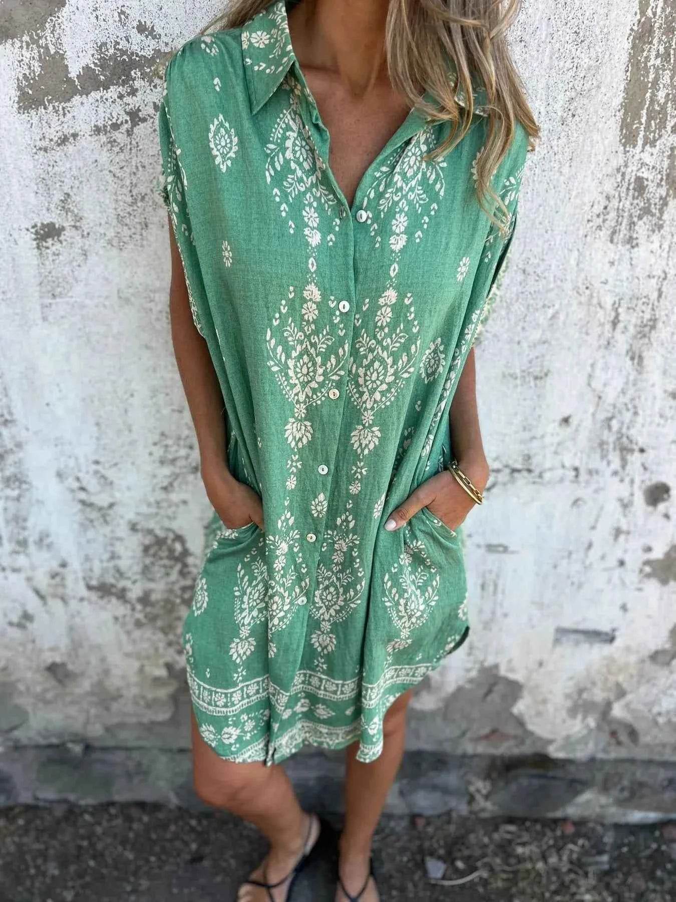 Plus Size Printed Short Sleeve Button-Up Shirt Dress.