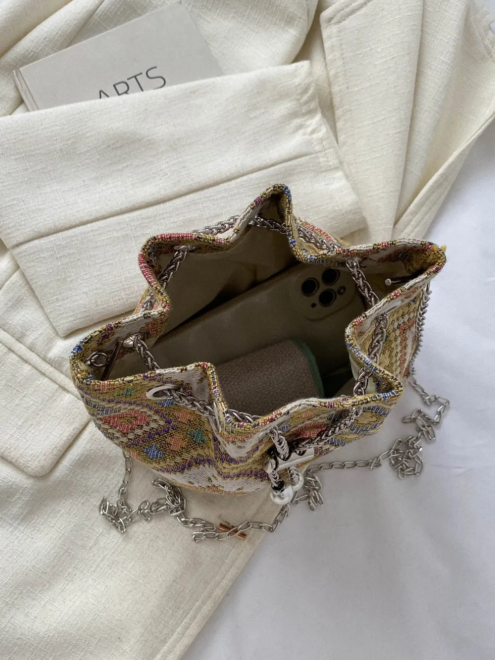 Printed Chain Bucket Bag.