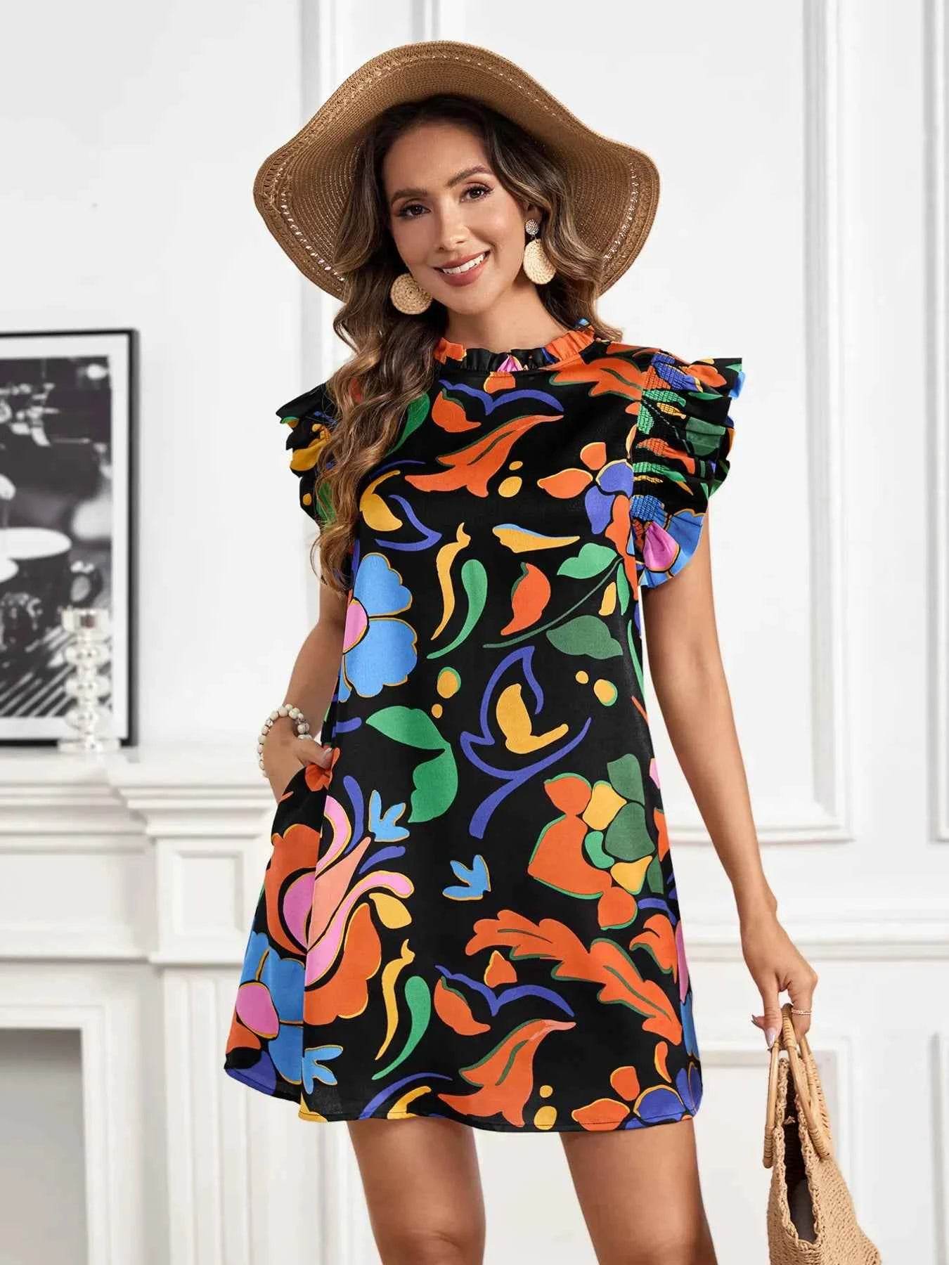 Printed Ruffle Sleeve Mini Dress.