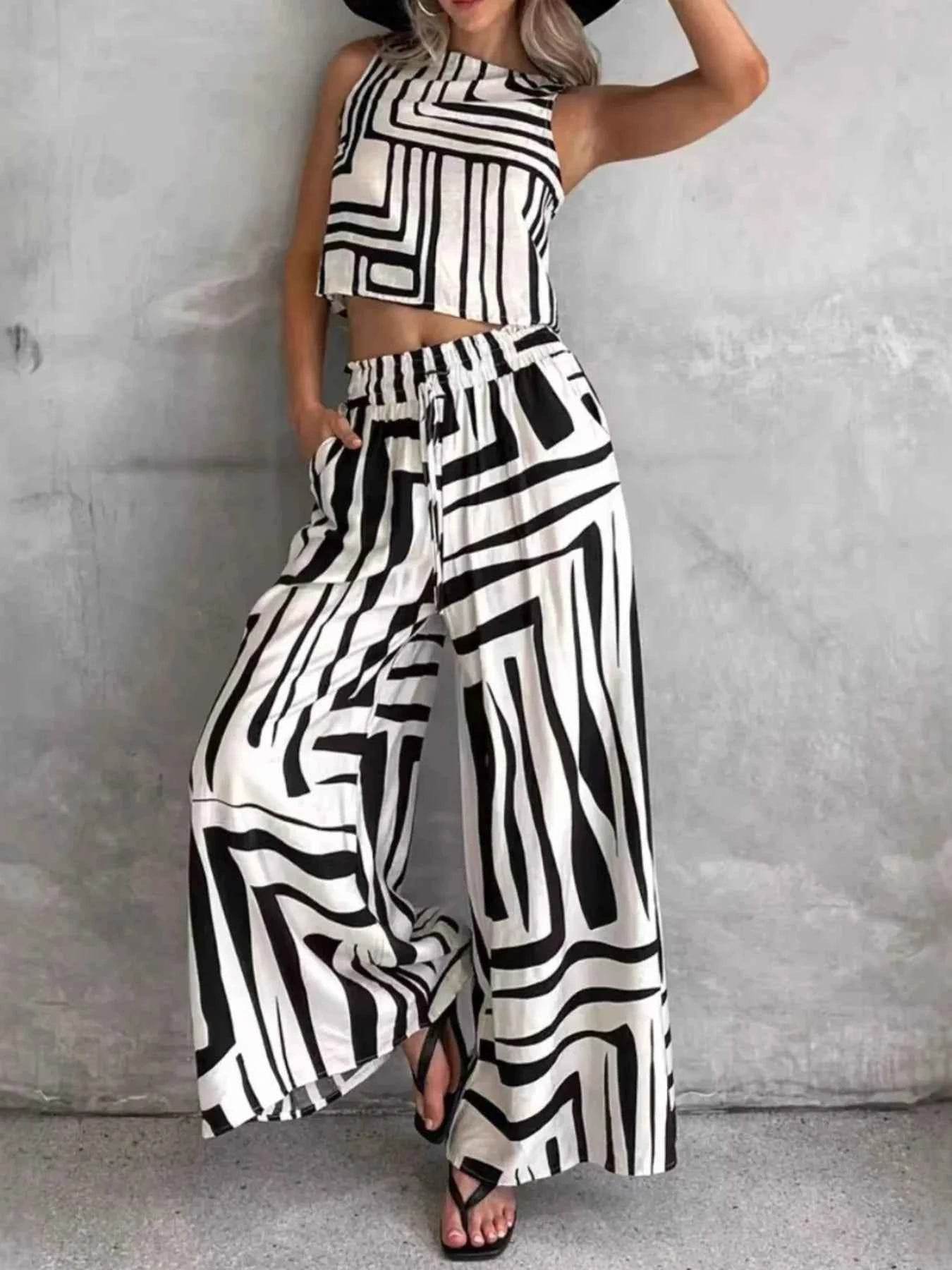 Geometric Print Sleeveless Top & Wide Leg Pants Set - EBYNN