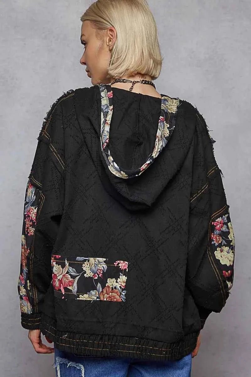 POL Zip Up Floral & Lace Patch Bomber Jacket.