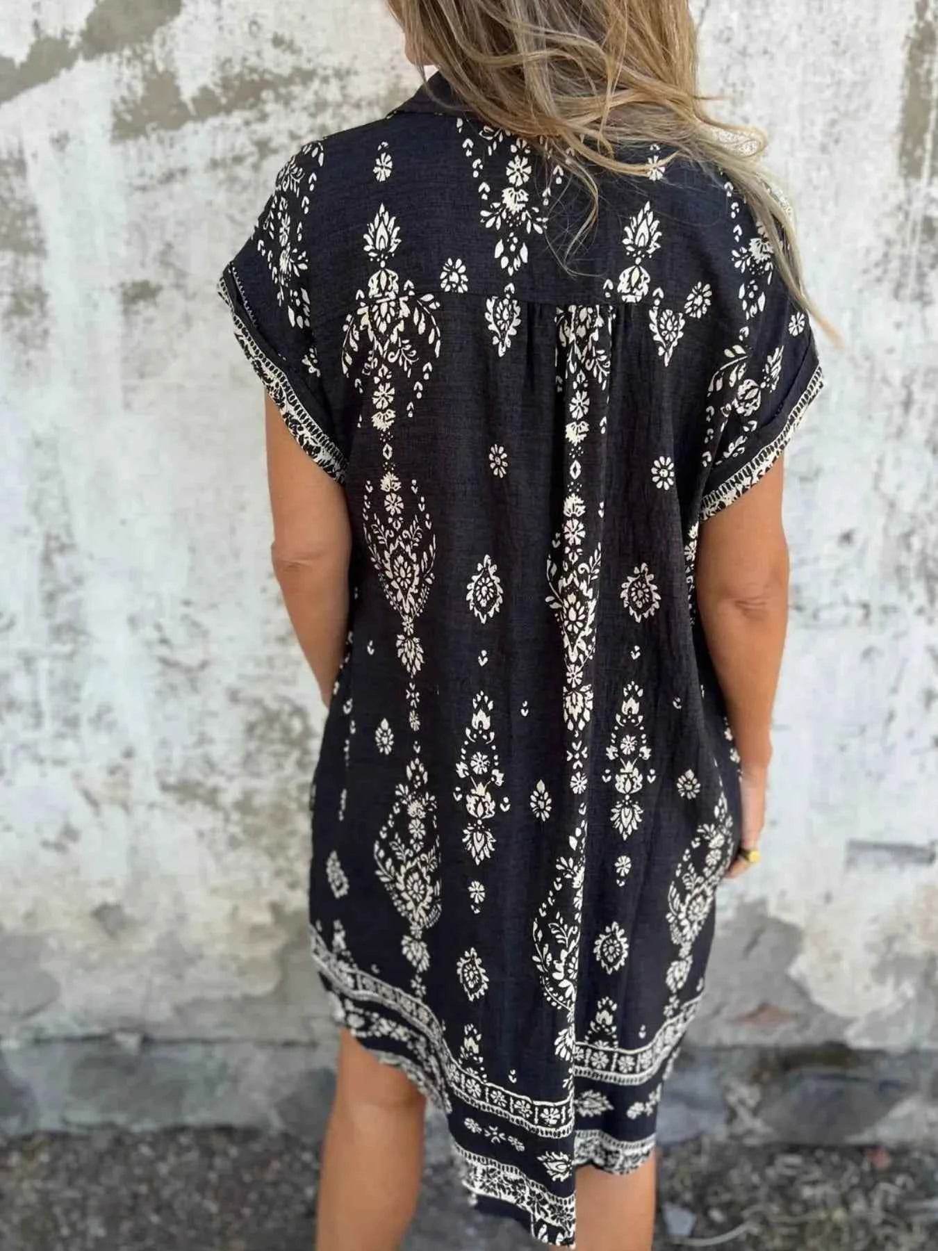Plus Size Printed Short Sleeve Button-Up Shirt Dress.