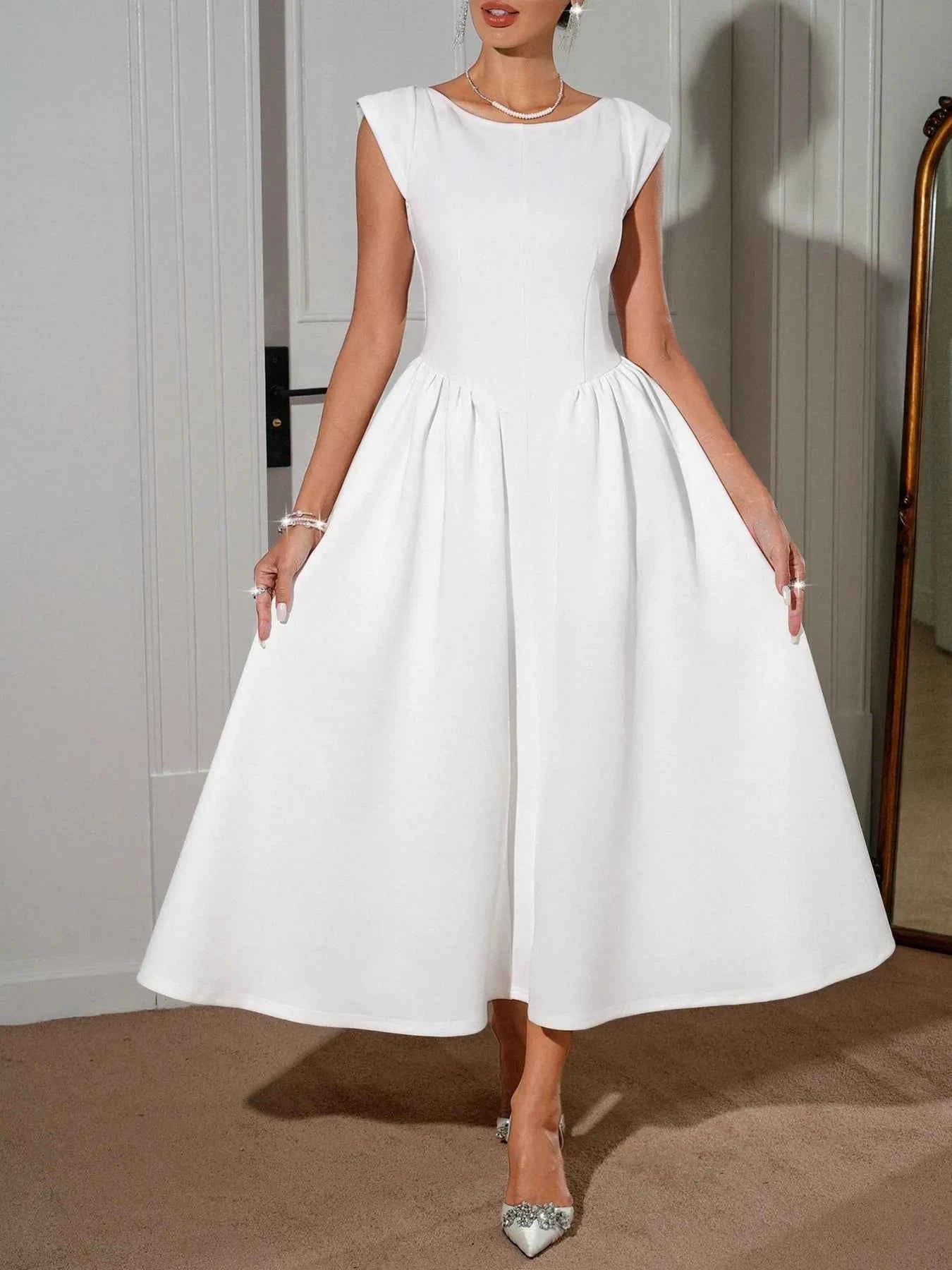 Round Neck Cap Sleeve Midi Dress.