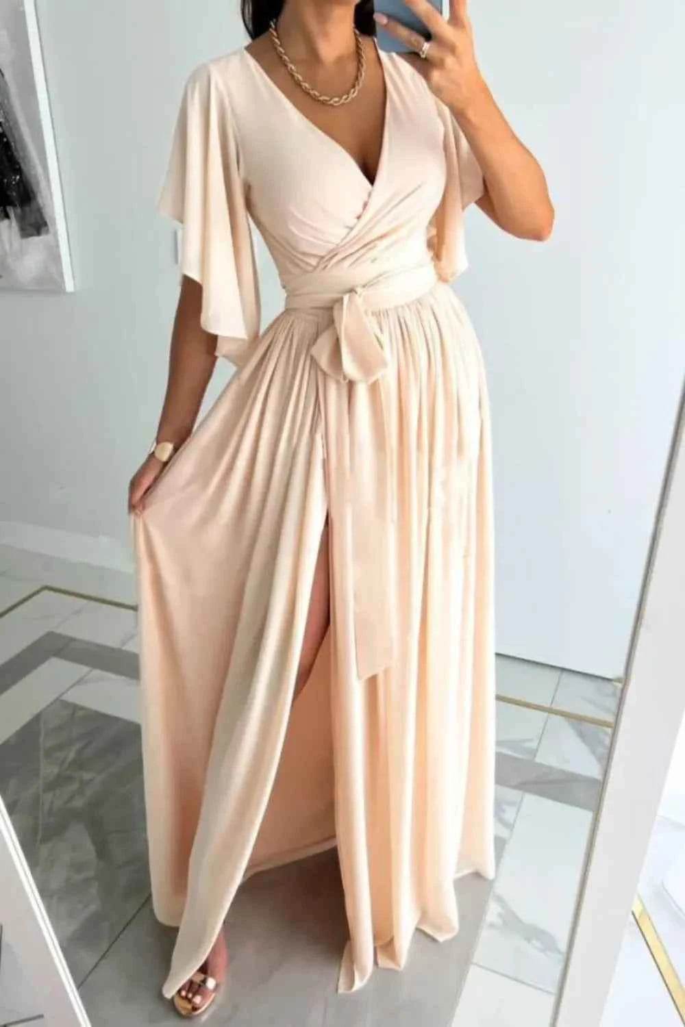 Surplice Flutter Sleeve Maxi Dress.