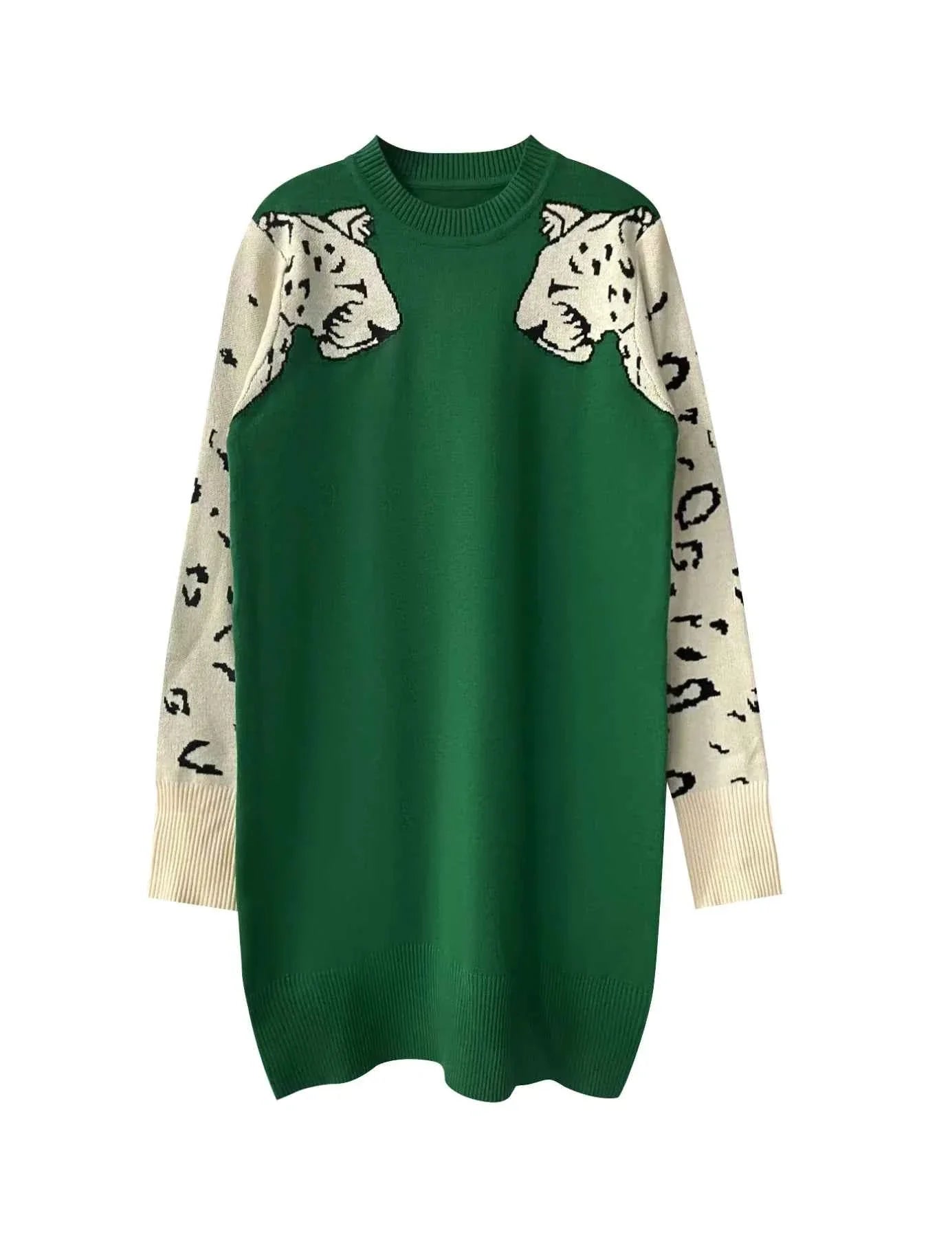 Leopard Print Round Neck Sweater Dress.