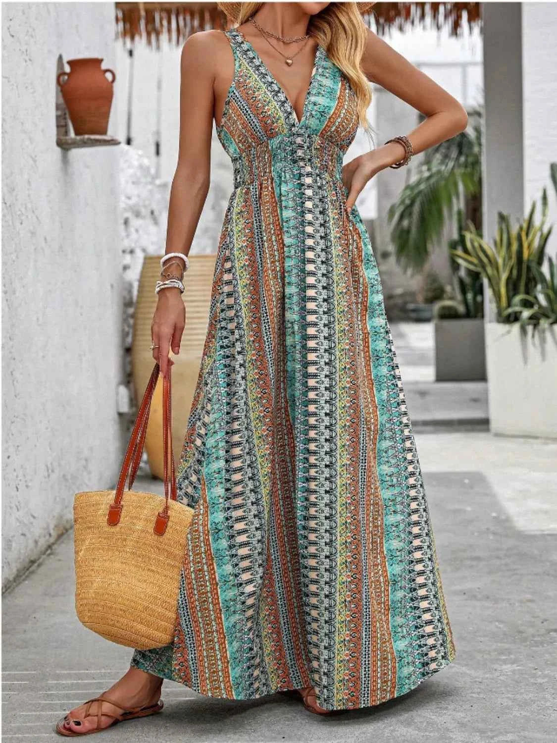 Tied Back Printed Sleeveless Maxi Dress with Slit.