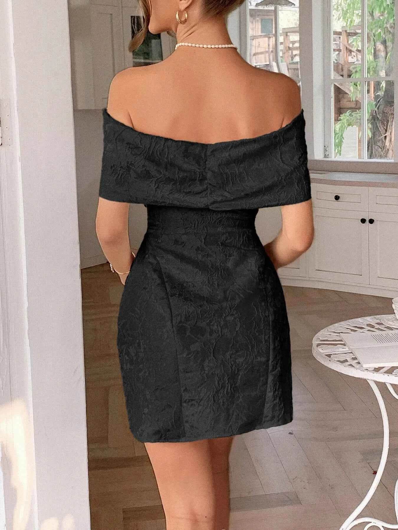 Bow Off-Shoulder Textured Mini Dress.