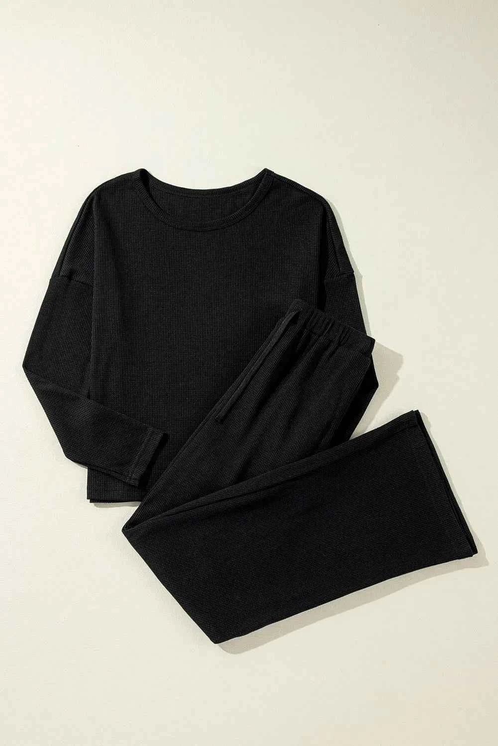 Round Neck Long Sleeve Top and Drawstring Pants Lounge Set.
