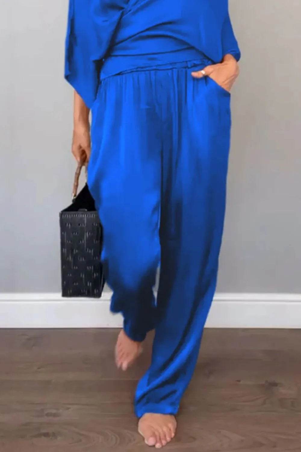 Plus Size Wrap Set - Stylish Surplice Top and Pants for Effortless Elegance - EBYNN