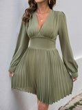 Pleated Long Sleeve V-Neck Dress.