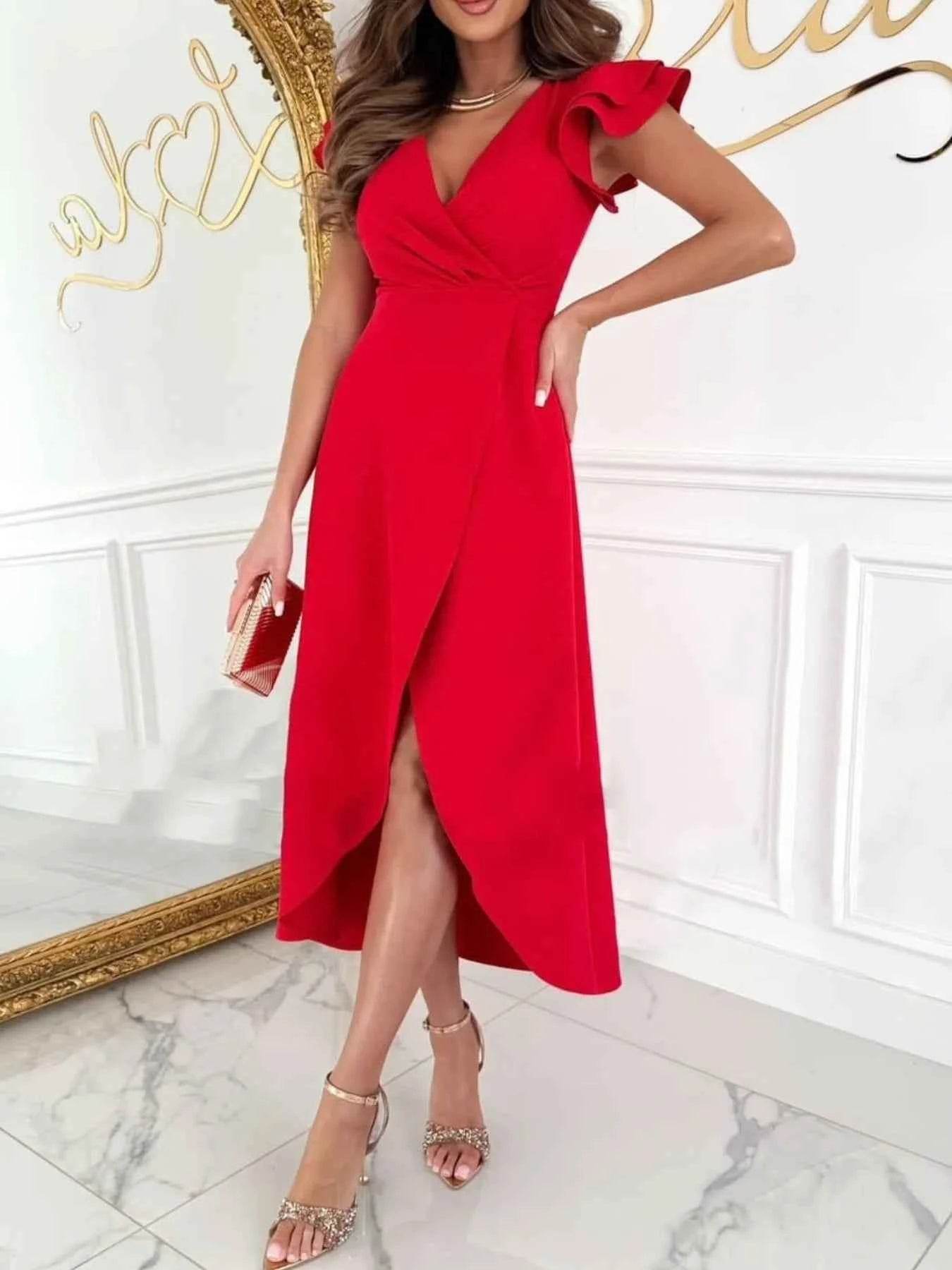 Surplice Ruffled Cap Sleeve Dress.