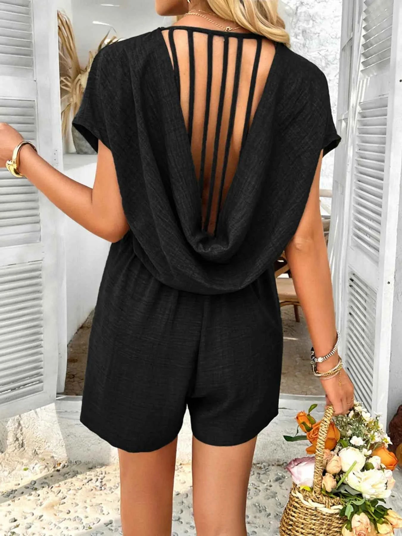 V-Neck Casual Short Sleeve Romper with Pockets.