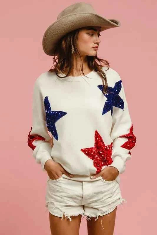 BiBi Velvet Sequin Star Patches Sweater Top.